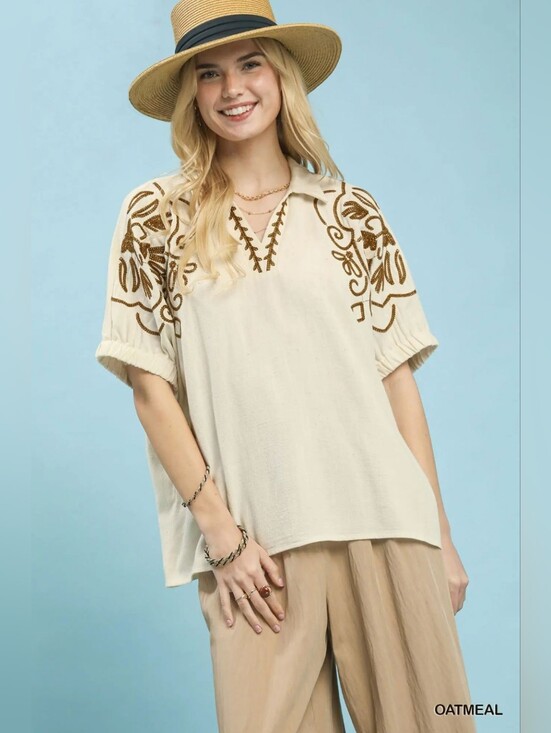 Umgee Tops - Umgee Floral Embroidered Sleeve Blouse- NEW ARRIVAL